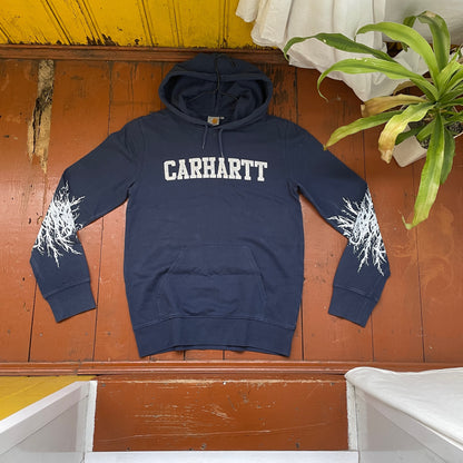 Custom Carhartt Hoodie – Handprinted Roots on Sleeves | Vintage Navy Hoodie 1 of 1