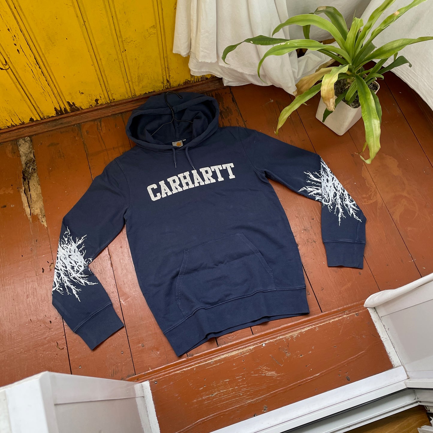 Custom Carhartt Hoodie – Handprinted Roots on Sleeves | Vintage Navy Hoodie 1 of 1