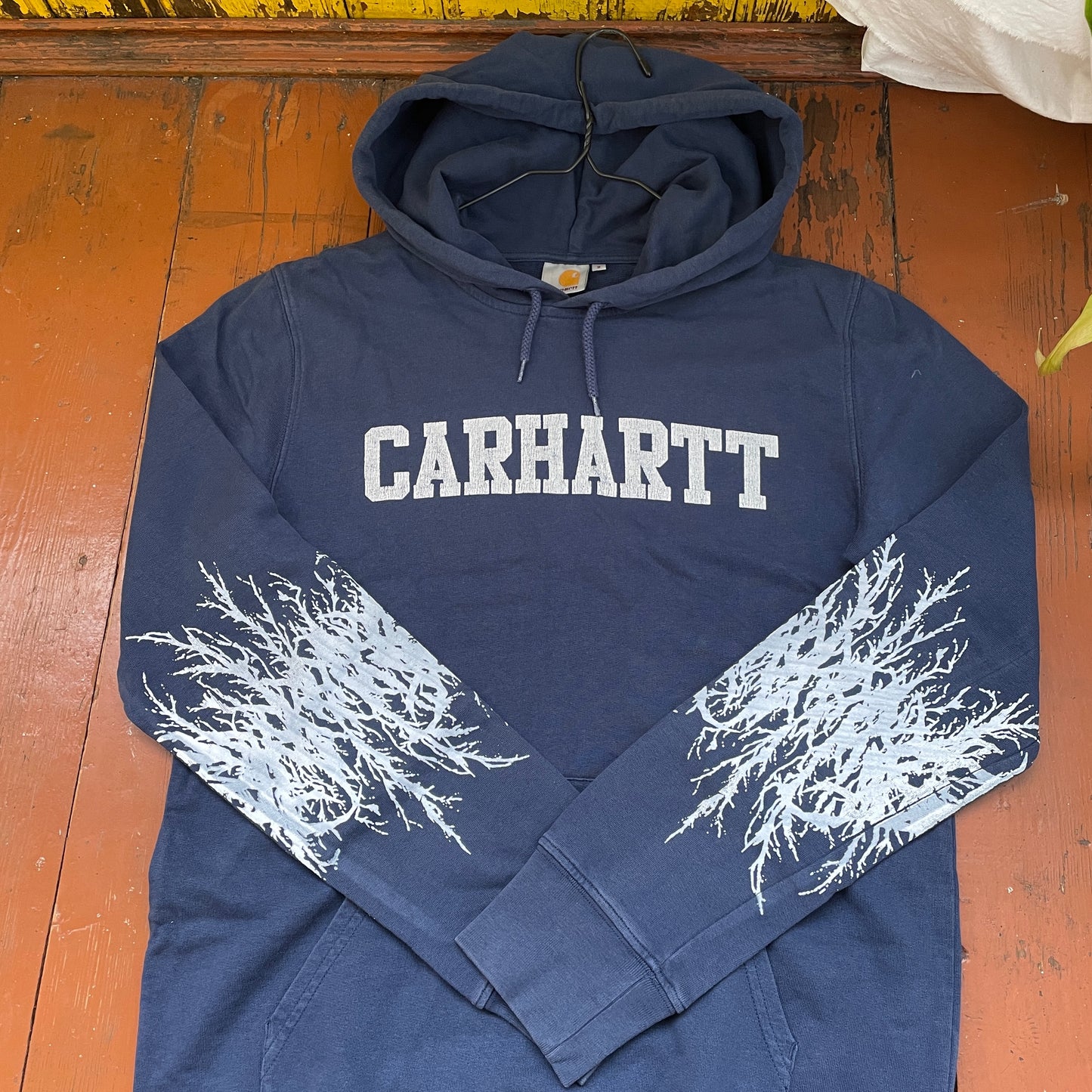Custom Carhartt Hoodie – Handprinted Roots on Sleeves | Vintage Navy Hoodie 1 of 1