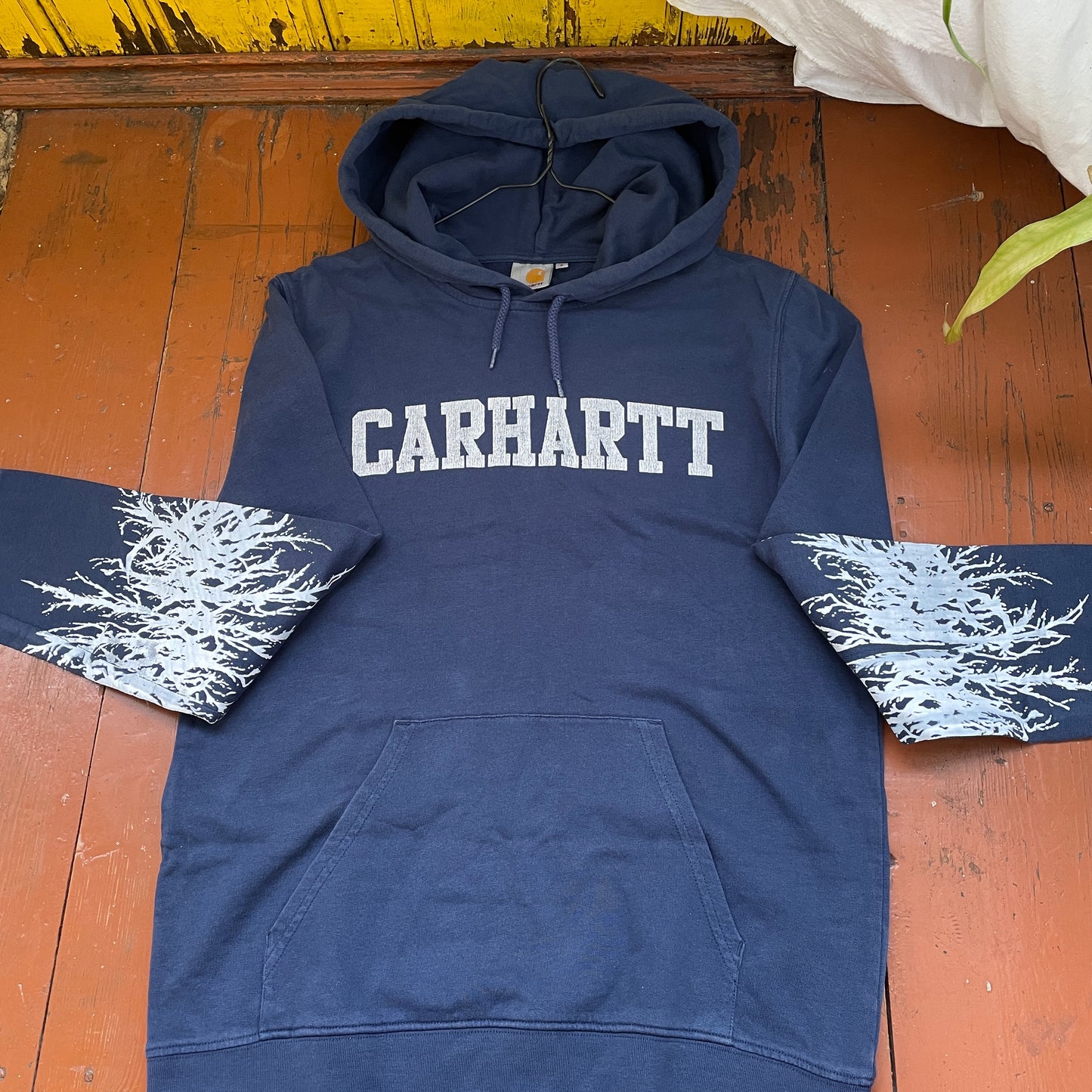 Custom Carhartt Hoodie – Handprinted Roots on Sleeves | Vintage Navy Hoodie 1 of 1