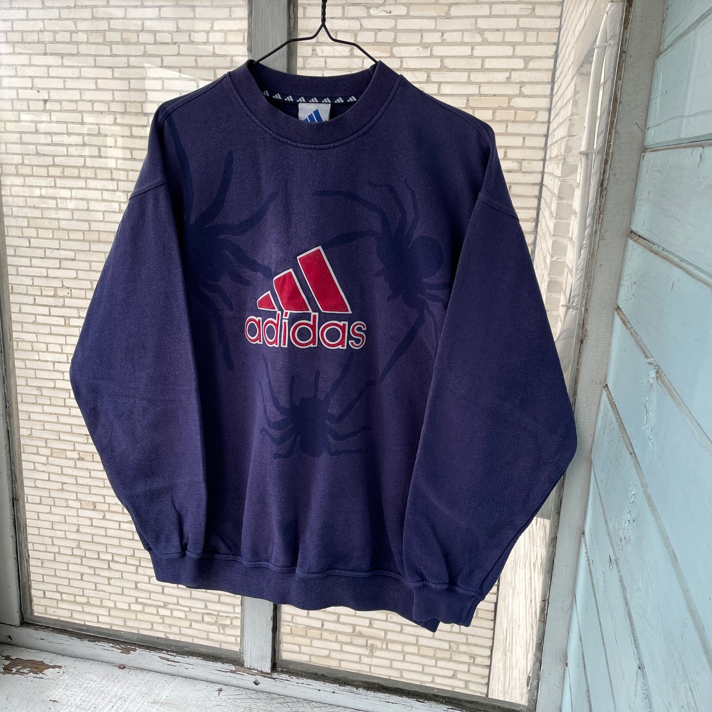 Faded 90s Adidas Sweatshirt – Hand-Faded with Black Spider Pattern | Vintage Sportswear 1 of 1