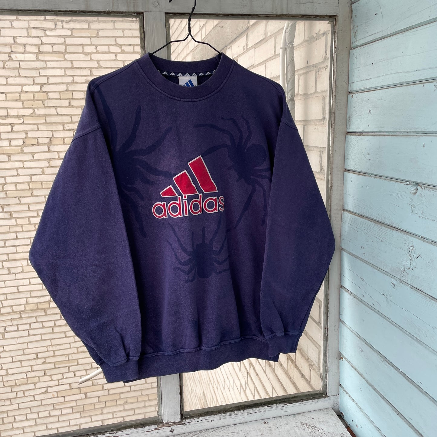 Faded 90s Adidas Sweatshirt – Hand-Faded with Black Spider Pattern | Vintage Sportswear 1 of 1