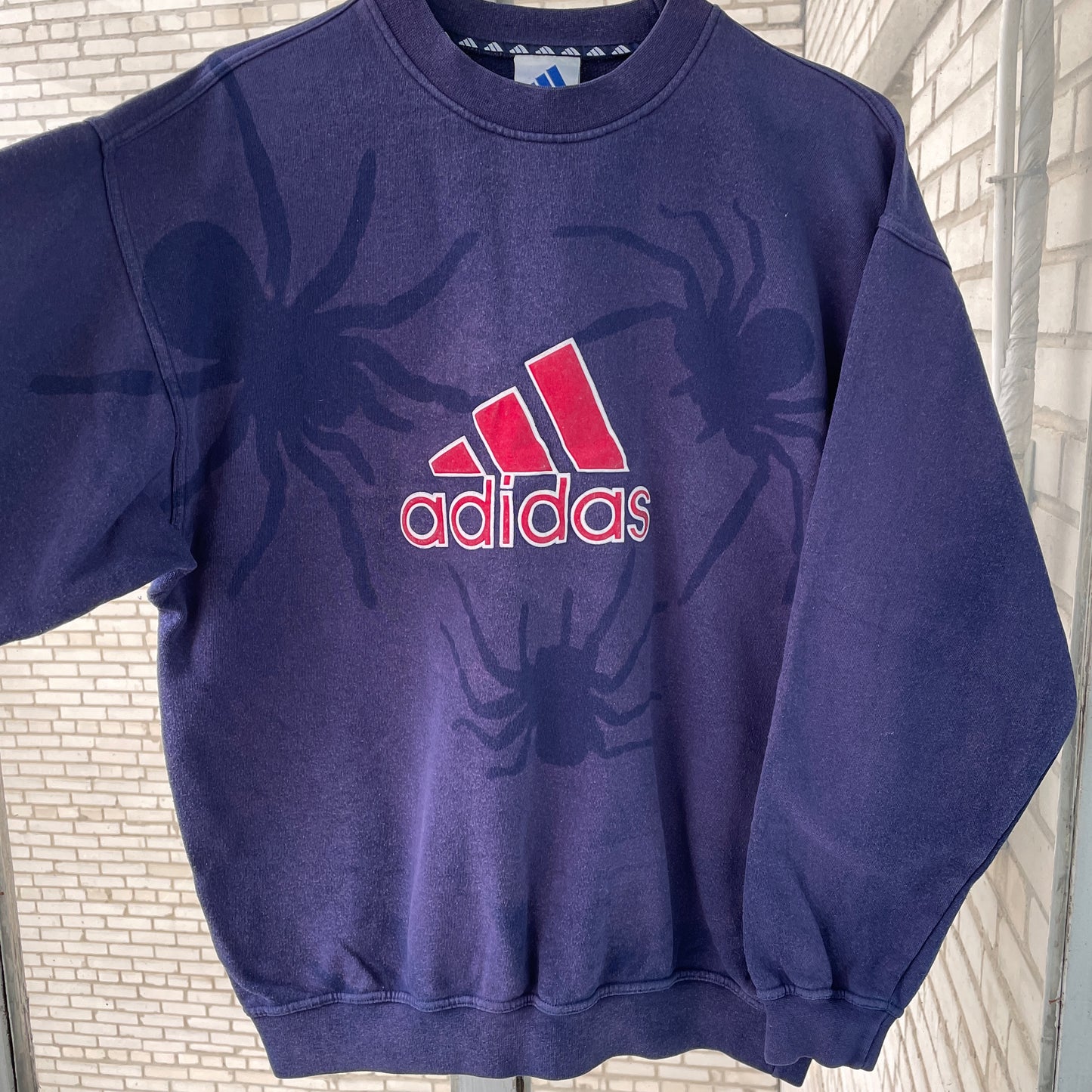 Faded 90s Adidas Sweatshirt – Hand-Faded with Black Spider Pattern | Vintage Sportswear 1 of 1