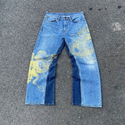 Custom Levi’s Two Dragon Print Jeans – Blue with Yellow Artwork | 1 of 1 Reworked Denim