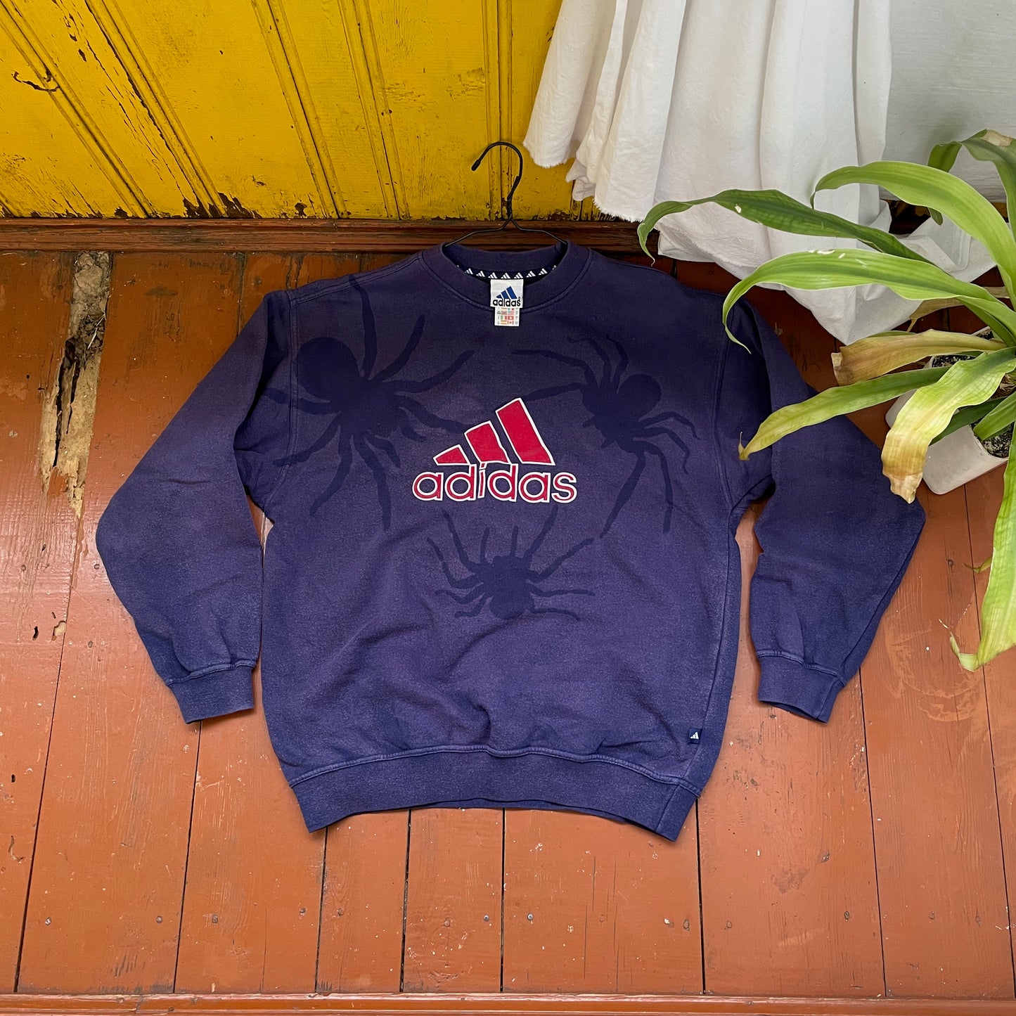 Faded 90s Adidas Sweatshirt – Hand-Faded with Black Spider Pattern | Vintage Sportswear 1 of 1