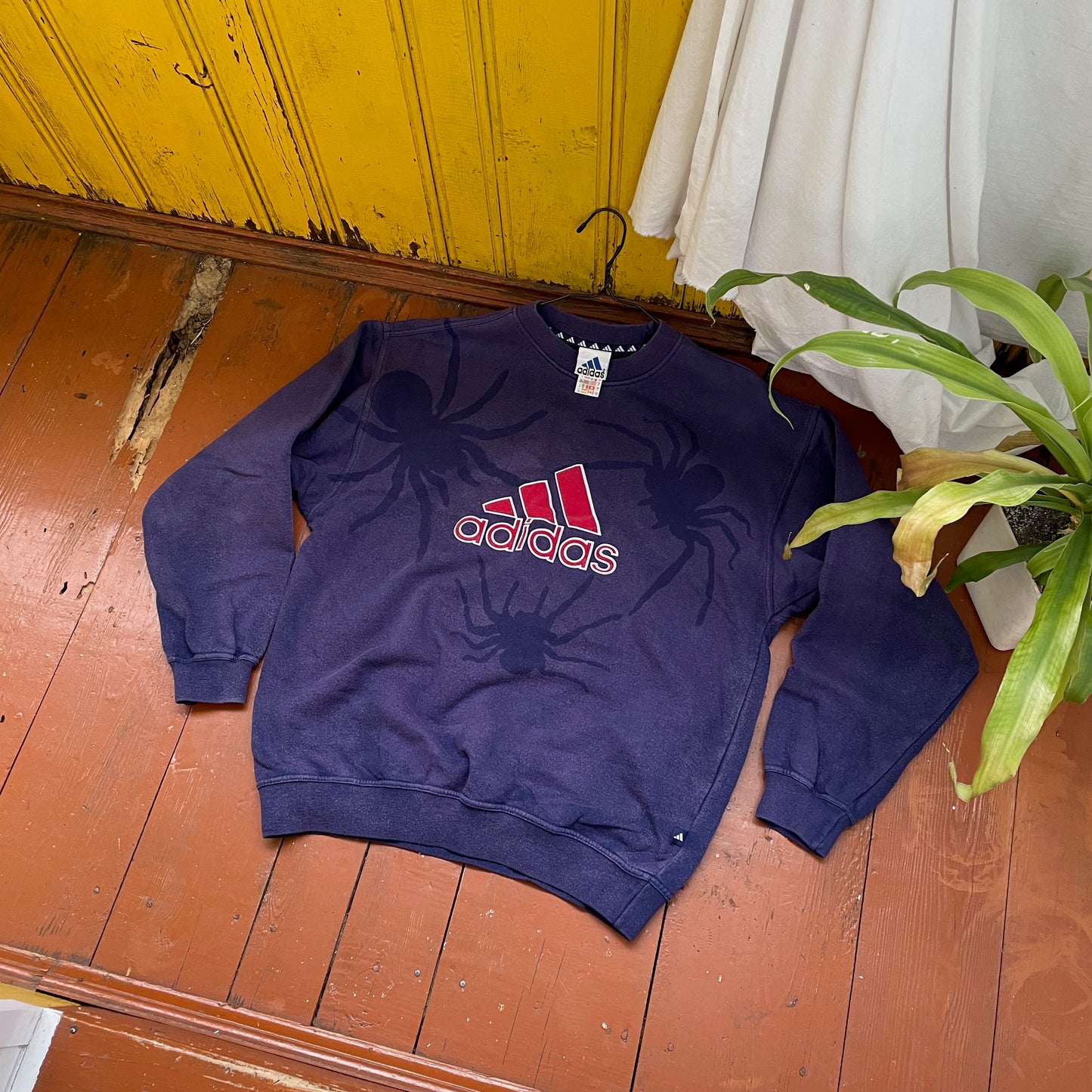 Faded 90s Adidas Sweatshirt – Hand-Faded with Black Spider Pattern | Vintage Sportswear 1 of 1
