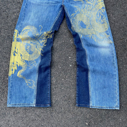 Custom Levi’s Two Dragon Print Jeans – Blue with Yellow Artwork | 1 of 1 Reworked Denim