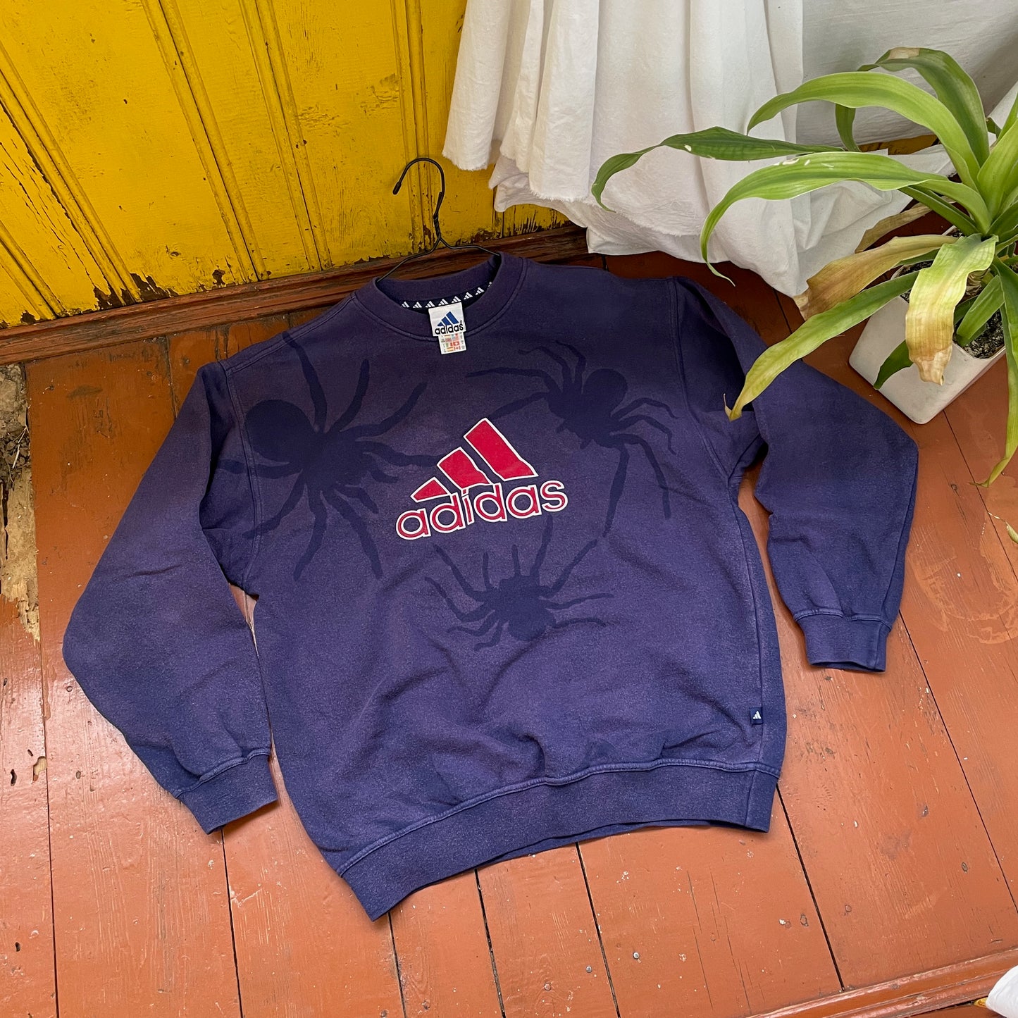 Faded 90s Adidas Sweatshirt – Hand-Faded with Black Spider Pattern | Vintage Sportswear 1 of 1