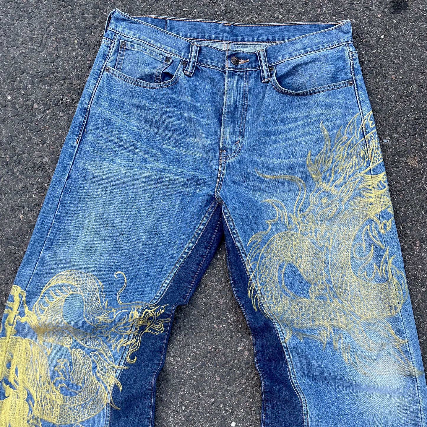 Custom Levi’s Two Dragon Print Jeans – Blue with Yellow Artwork | 1 of 1 Reworked Denim