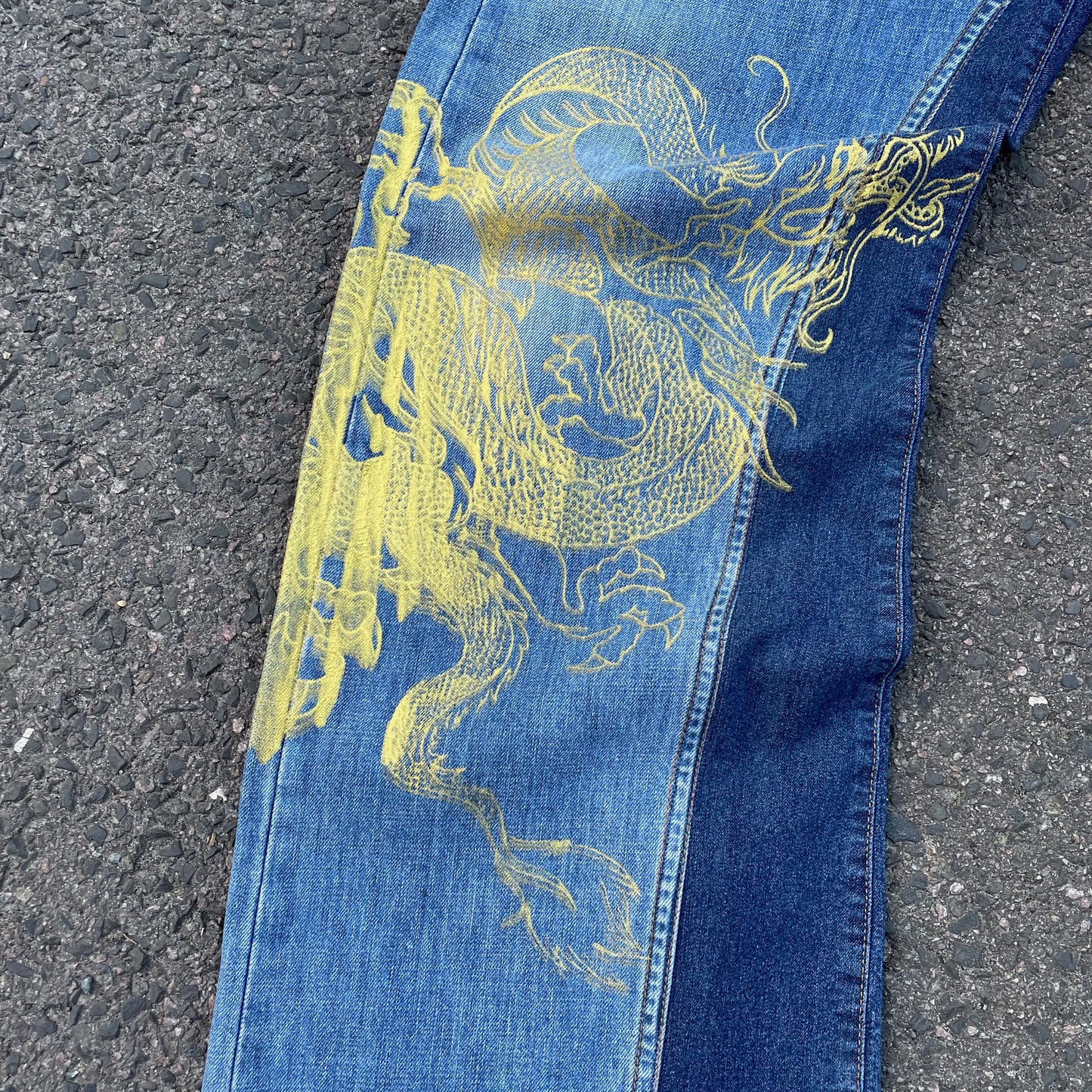 Custom Levi’s Two Dragon Print Jeans – Blue with Yellow Artwork | 1 of 1 Reworked Denim
