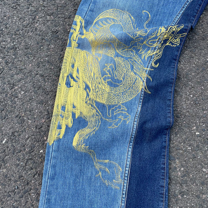 Custom Levi’s Two Dragon Print Jeans – Blue with Yellow Artwork | 1 of 1 Reworked Denim