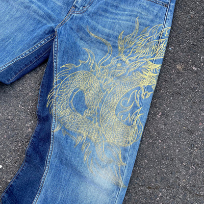 Custom Levi’s Two Dragon Print Jeans – Blue with Yellow Artwork | 1 of 1 Reworked Denim
