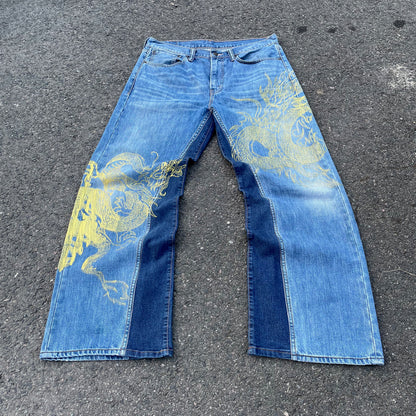 Custom Levi’s Two Dragon Print Jeans – Blue with Yellow Artwork | 1 of 1 Reworked Denim