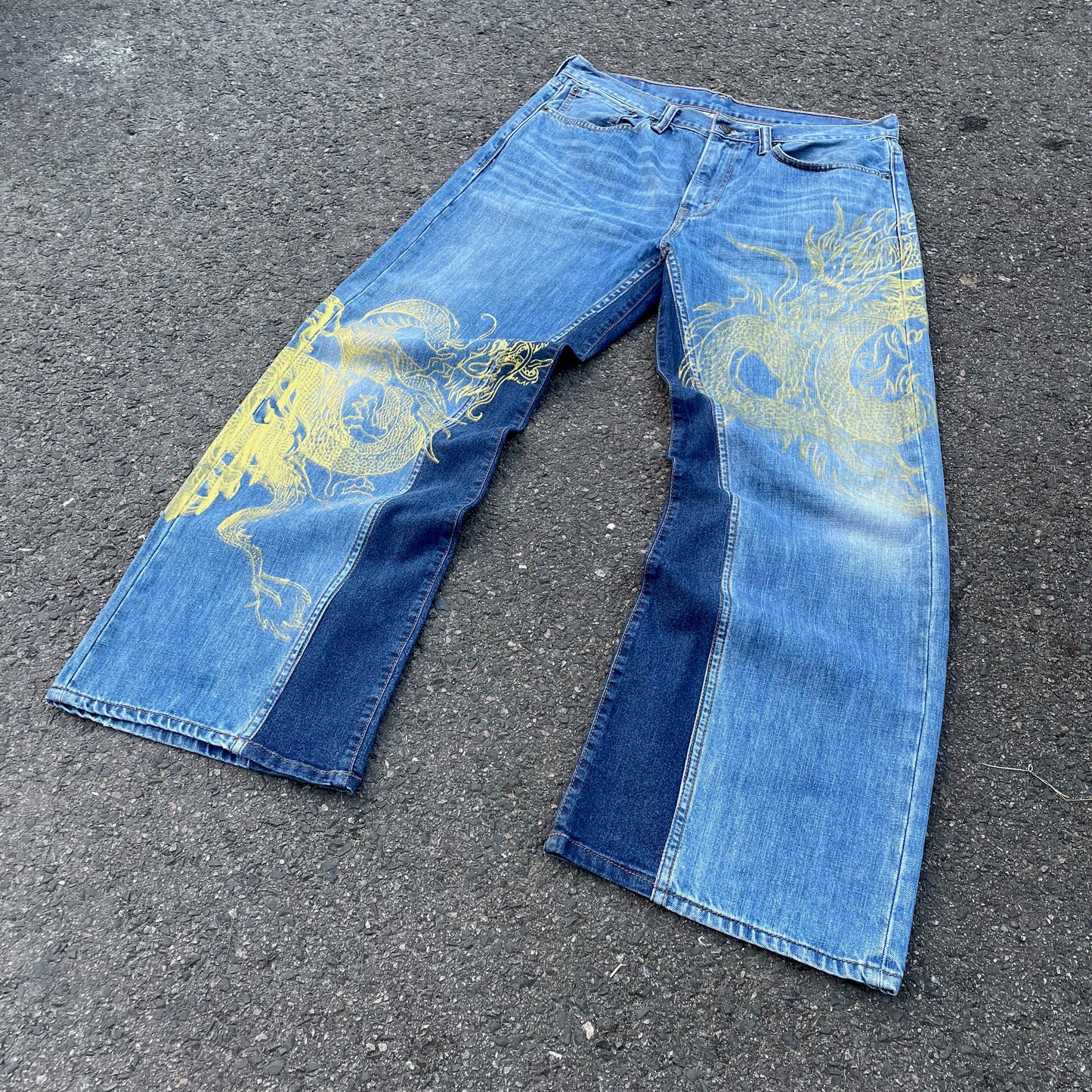 Custom Levi’s Two Dragon Print Jeans – Blue with Yellow Artwork | 1 of 1 Reworked Denim