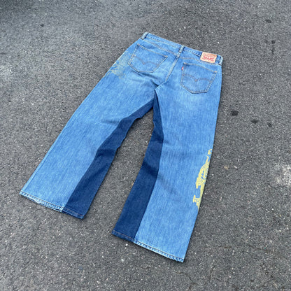 Custom Levi’s Two Dragon Print Jeans – Blue with Yellow Artwork | 1 of 1 Reworked Denim