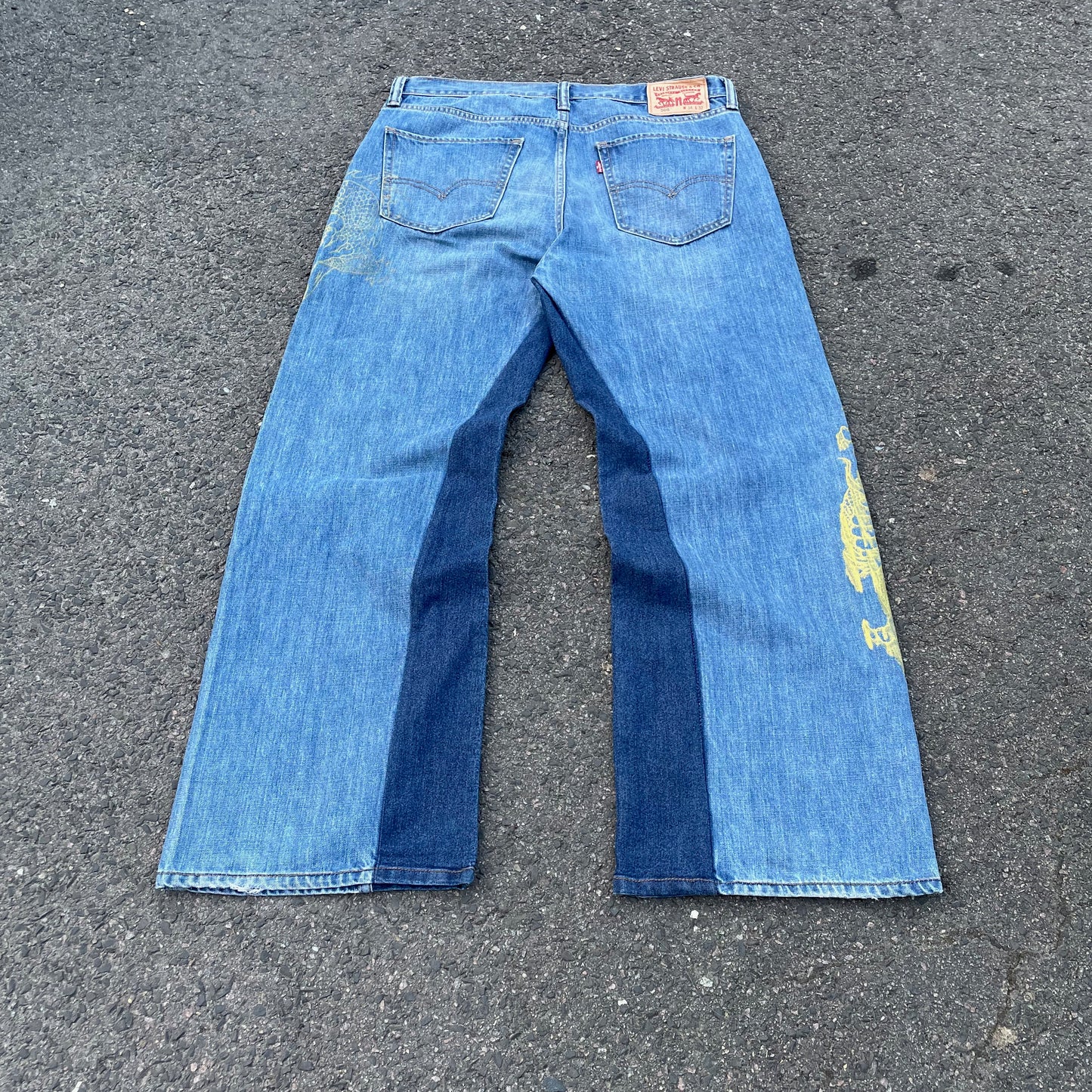 Custom Levi’s Two Dragon Print Jeans – Blue with Yellow Artwork | 1 of 1 Reworked Denim