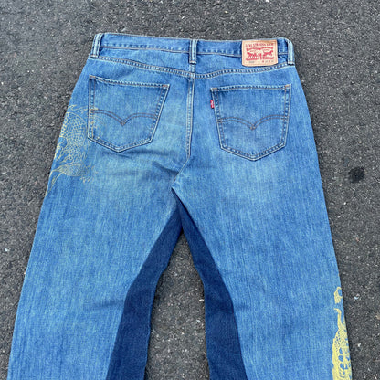 Custom Levi’s Two Dragon Print Jeans – Blue with Yellow Artwork | 1 of 1 Reworked Denim