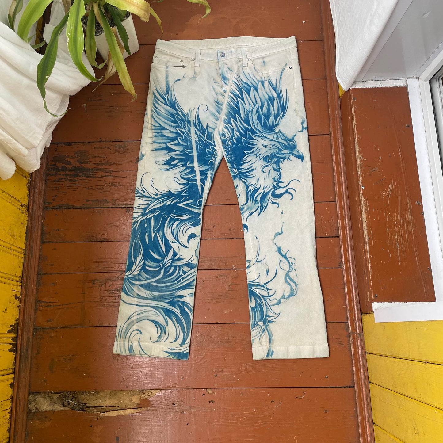 Custom Carhartt Phoenix Pants – Handcrafted Blue Phoenix on Bleached White Canvas | Women’s Vintage 1 of 1