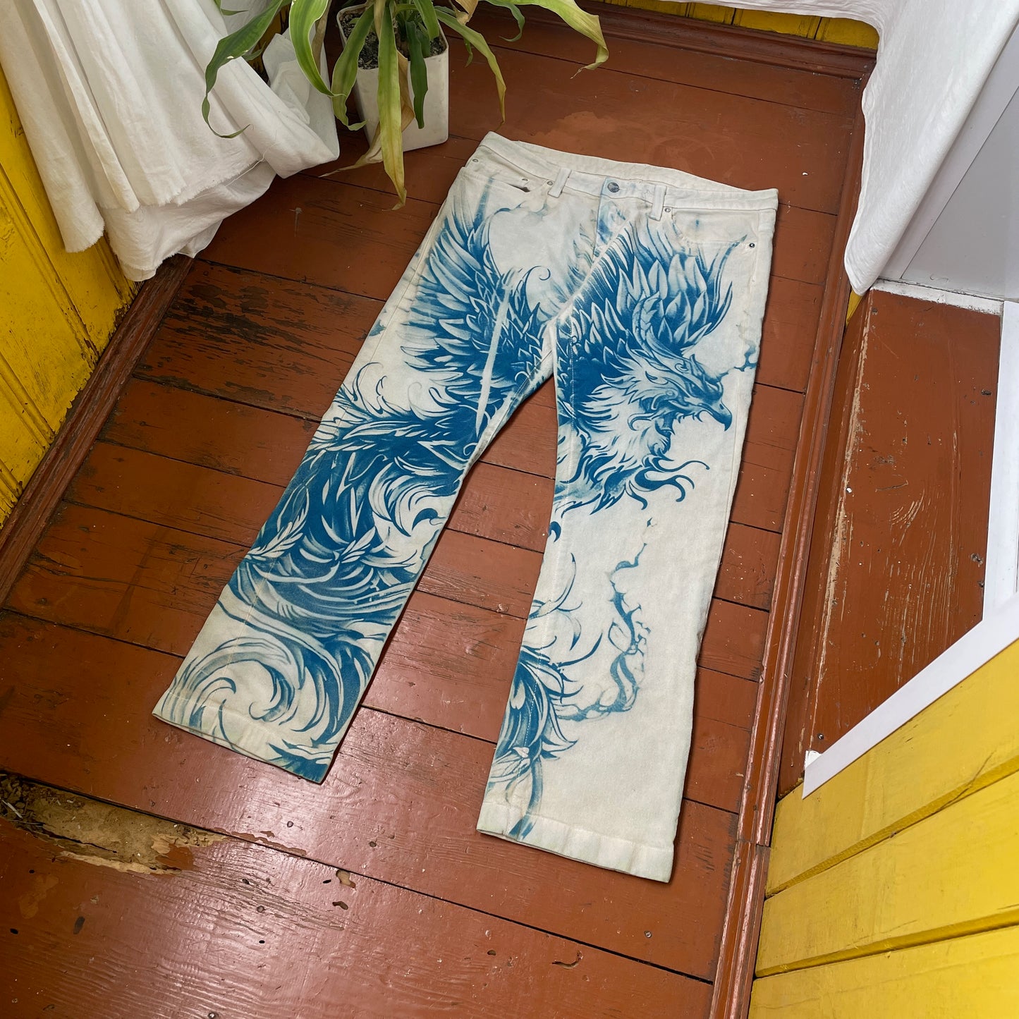 Custom Carhartt Phoenix Pants – Handcrafted Blue Phoenix on Bleached White Canvas | Women’s Vintage 1 of 1