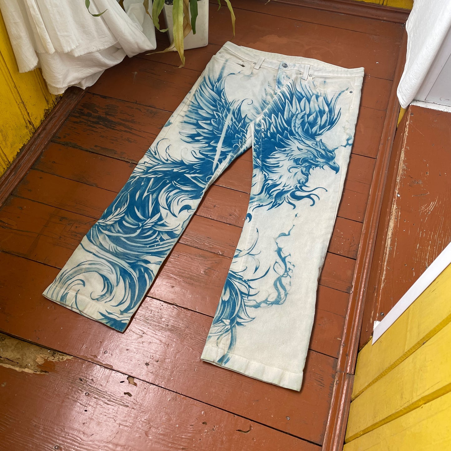 Custom Carhartt Phoenix Pants – Handcrafted Blue Phoenix on Bleached White Canvas | Women’s Vintage 1 of 1