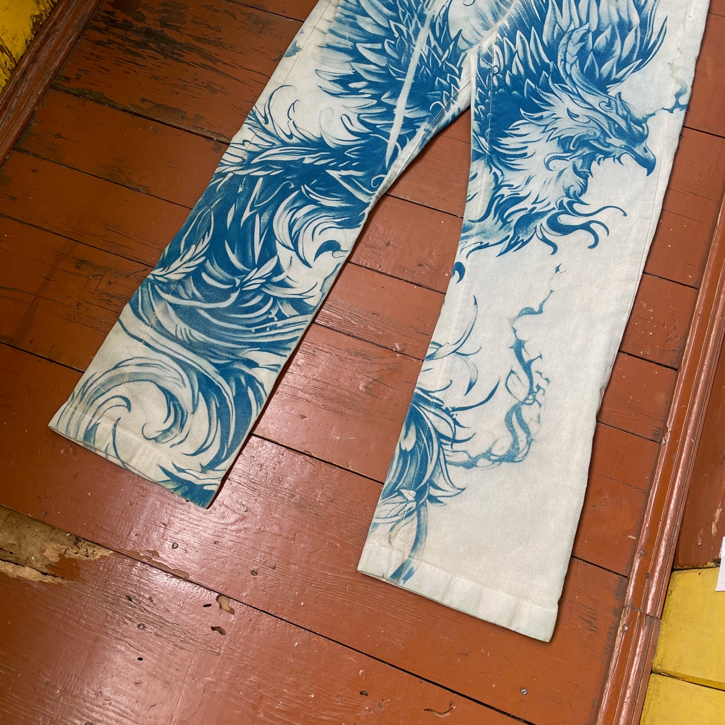 Custom Carhartt Phoenix Pants – Handcrafted Blue Phoenix on Bleached White Canvas | Women’s Vintage 1 of 1