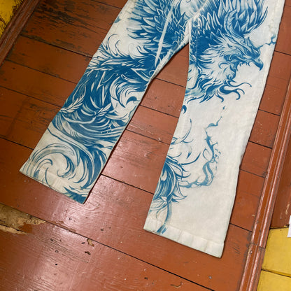 Custom Carhartt Phoenix Pants – Handcrafted Blue Phoenix on Bleached White Canvas | Women’s Vintage 1 of 1
