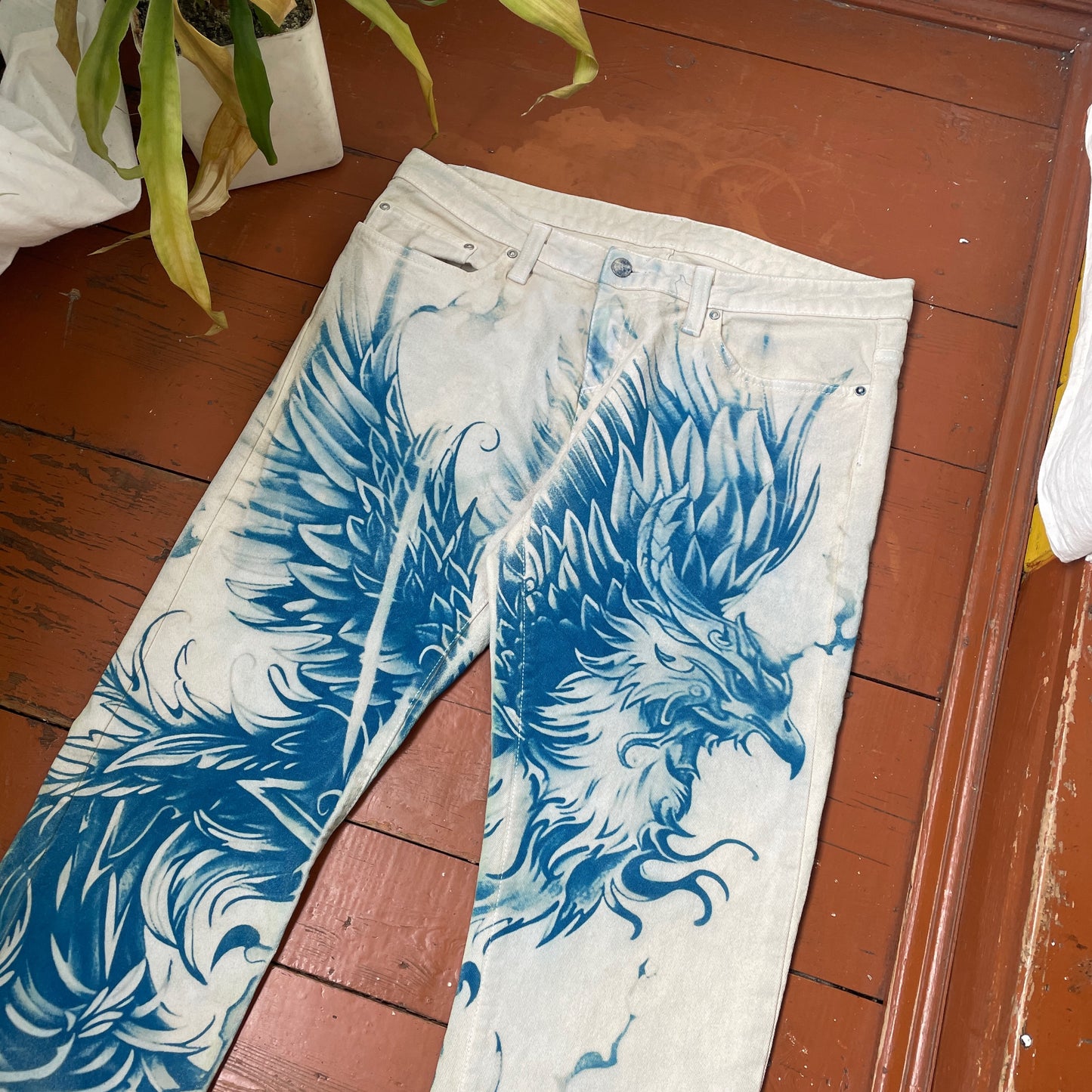 Custom Carhartt Phoenix Pants – Handcrafted Blue Phoenix on Bleached White Canvas | Women’s Vintage 1 of 1