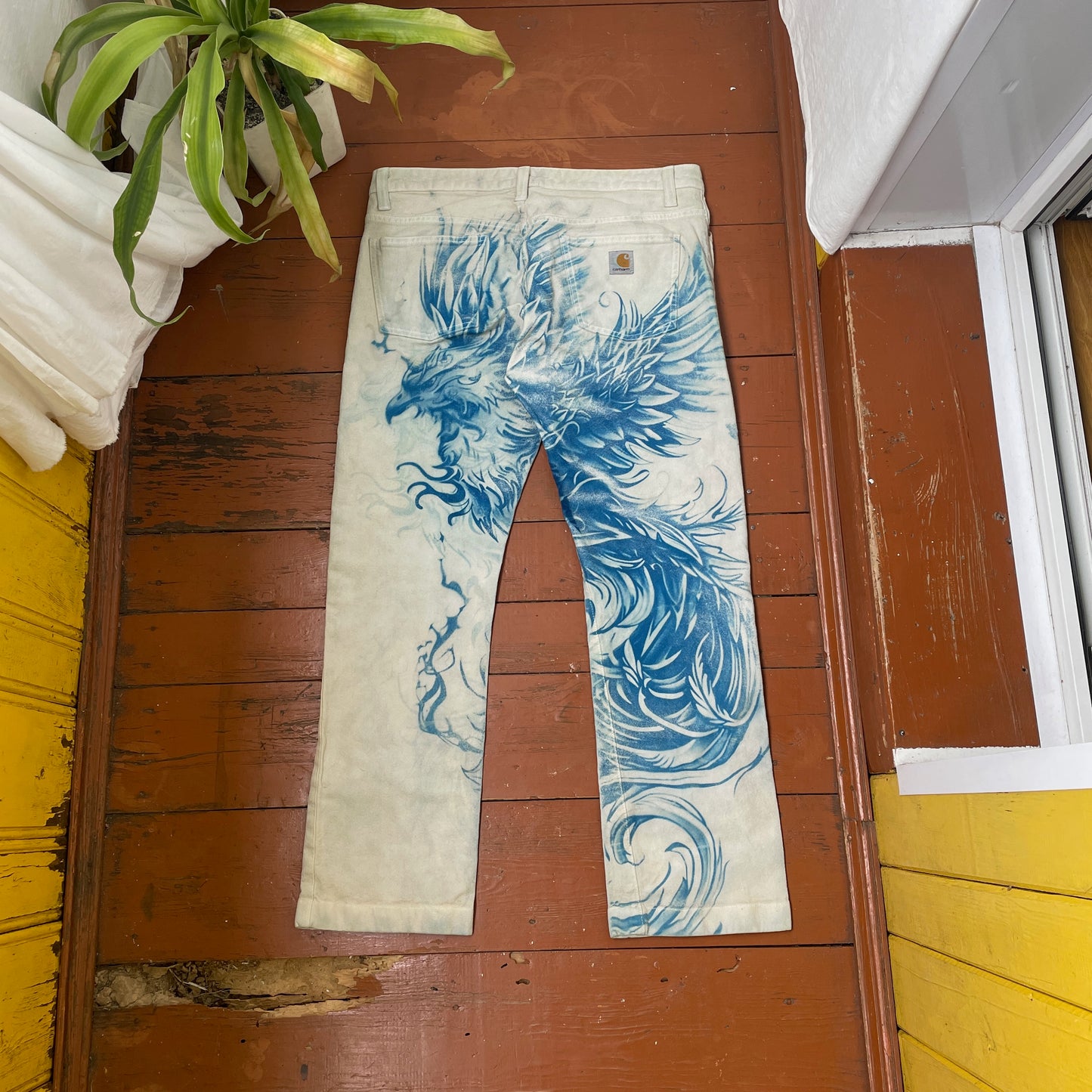 Custom Carhartt Phoenix Pants – Handcrafted Blue Phoenix on Bleached White Canvas | Women’s Vintage 1 of 1