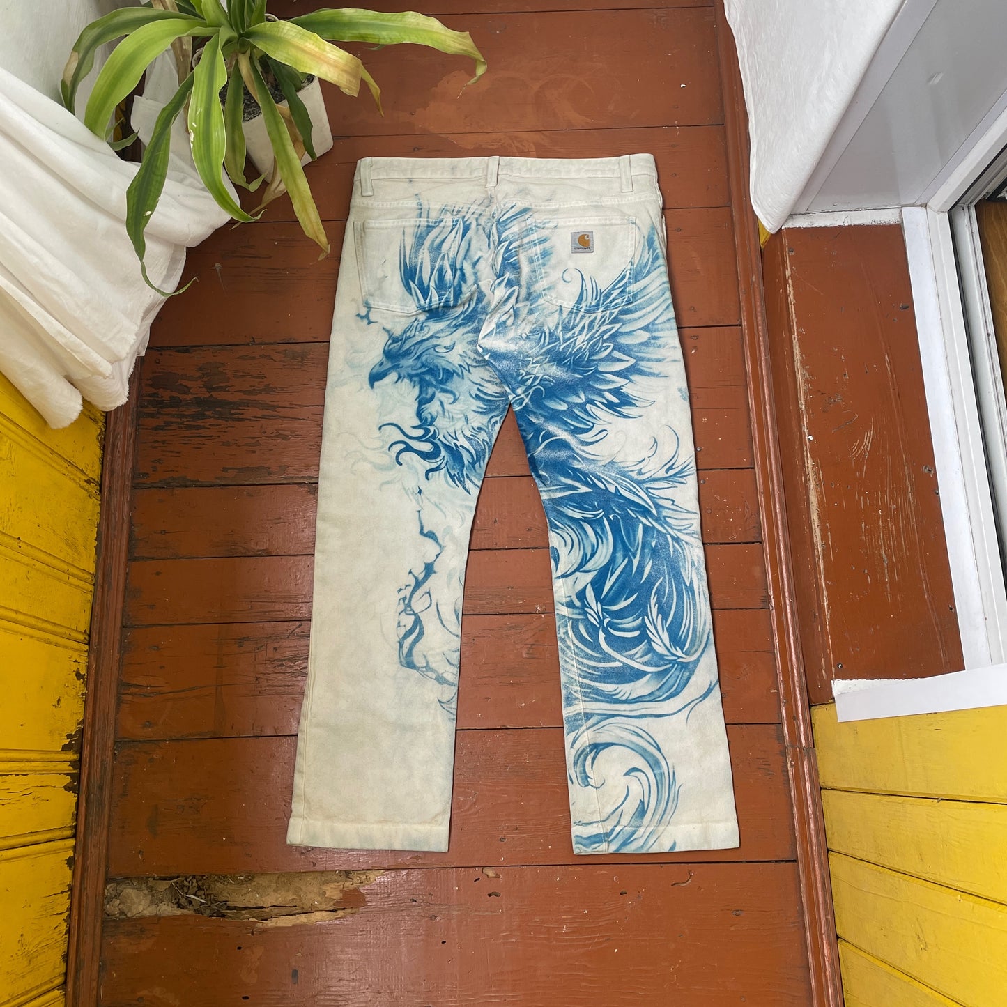 Custom Carhartt Phoenix Pants – Handcrafted Blue Phoenix on Bleached White Canvas | Women’s Vintage 1 of 1