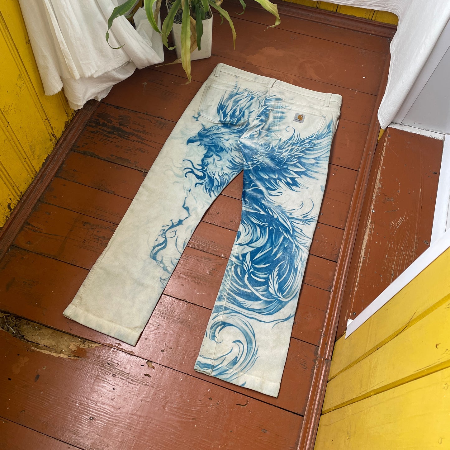 Custom Carhartt Phoenix Pants – Handcrafted Blue Phoenix on Bleached White Canvas | Women’s Vintage 1 of 1