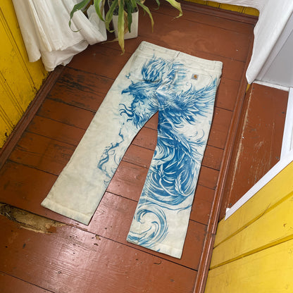 Custom Carhartt Phoenix Pants – Handcrafted Blue Phoenix on Bleached White Canvas | Women’s Vintage 1 of 1