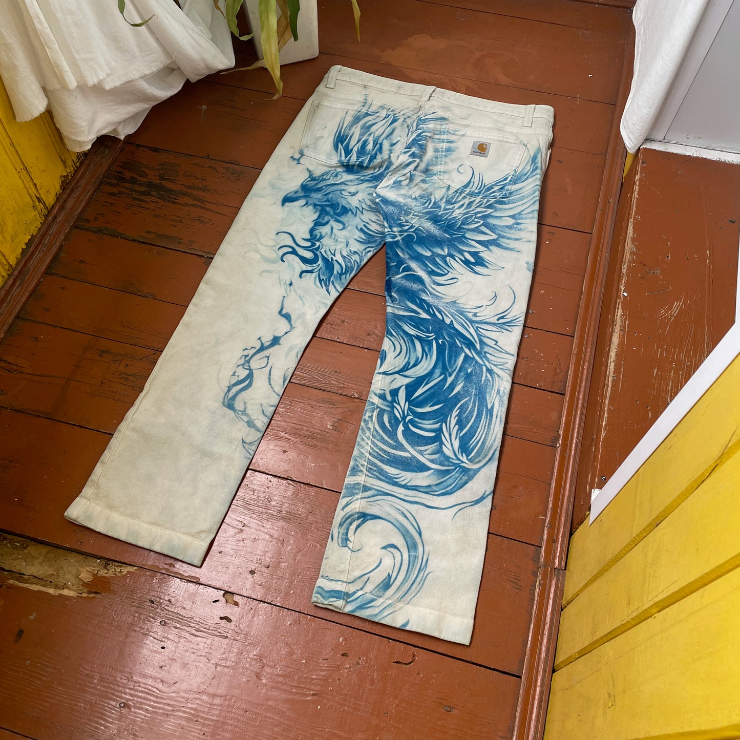 Custom Carhartt Phoenix Pants – Handcrafted Blue Phoenix on Bleached White Canvas | Women’s Vintage 1 of 1