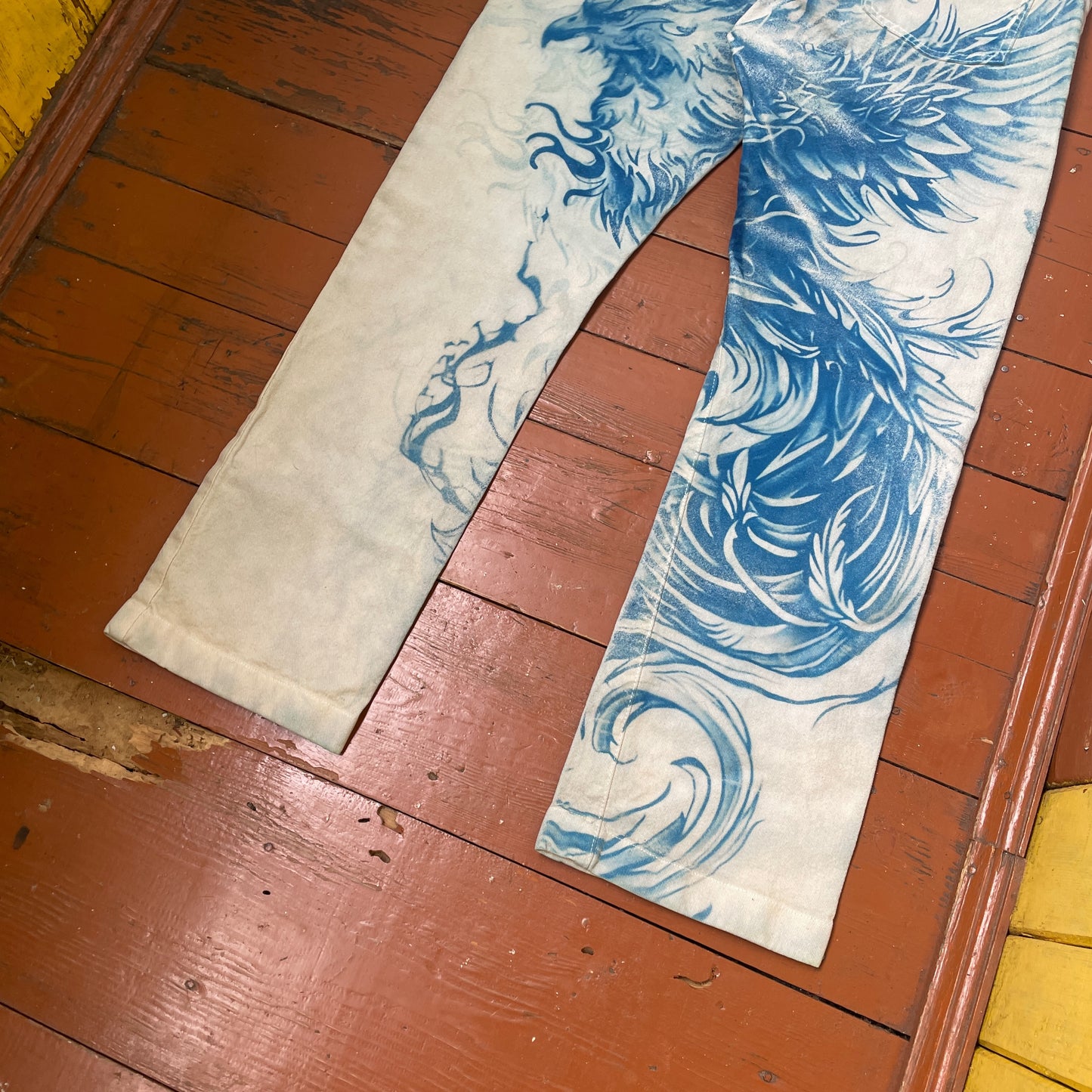 Custom Carhartt Phoenix Pants – Handcrafted Blue Phoenix on Bleached White Canvas | Women’s Vintage 1 of 1