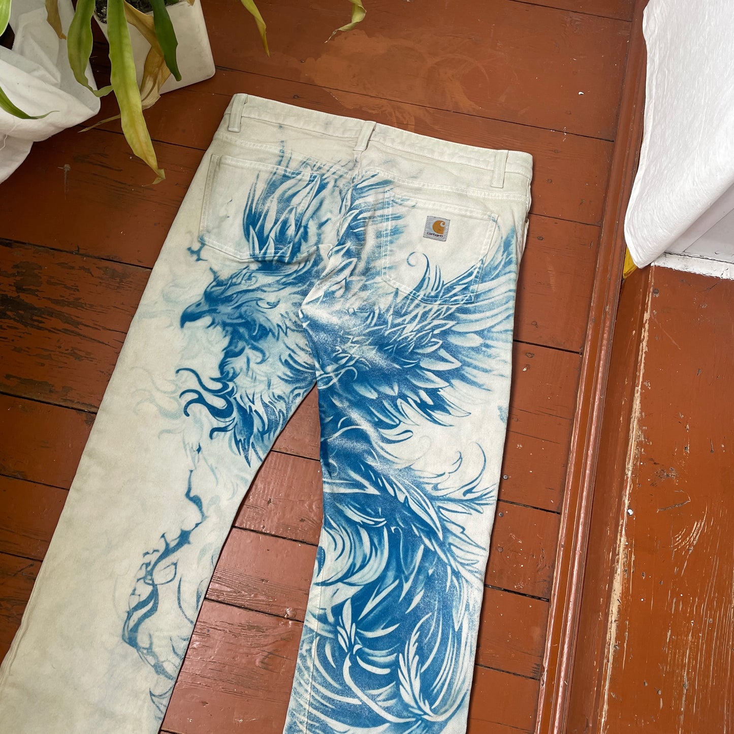 Custom Carhartt Phoenix Pants – Handcrafted Blue Phoenix on Bleached White Canvas | Women’s Vintage 1 of 1