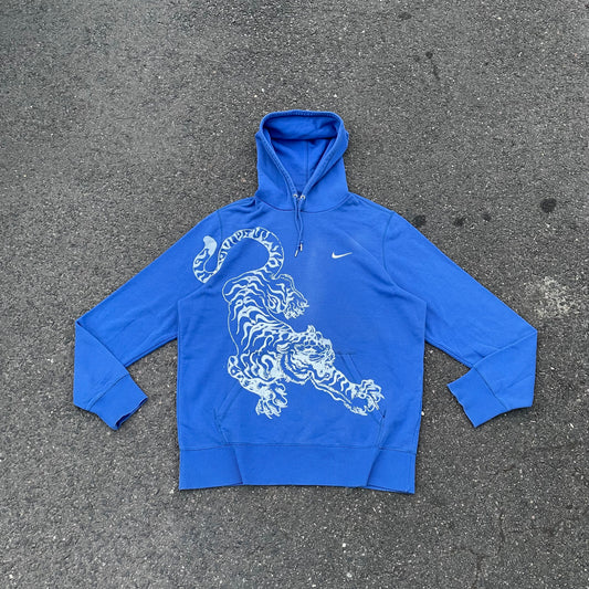 Custom Nike Tiger Print Hoodie – Vibrant Blue with White Artwork | 1 of 1 Reworked