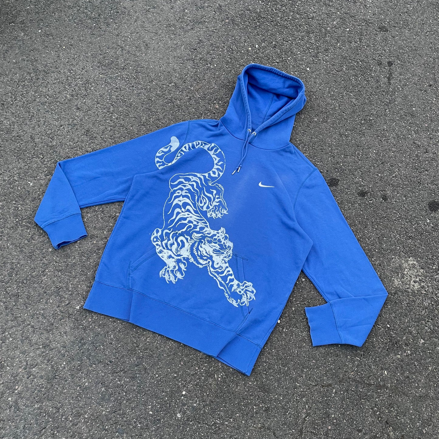 Custom Nike Tiger Print Hoodie – Vibrant Blue with White Artwork | 1 of 1 Reworked