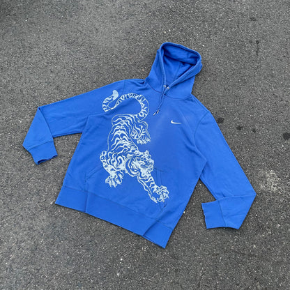 Custom Nike Tiger Print Hoodie – Vibrant Blue with White Artwork | 1 of 1 Reworked