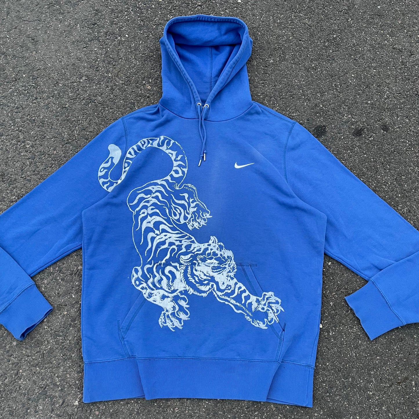 Custom Nike Tiger Print Hoodie – Vibrant Blue with White Artwork | 1 of 1 Reworked