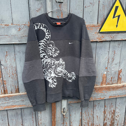 Custom Nike Tiger Print Patchwork Sweatshirt – Black & Grey | 1 of 1 Reworked Vintage