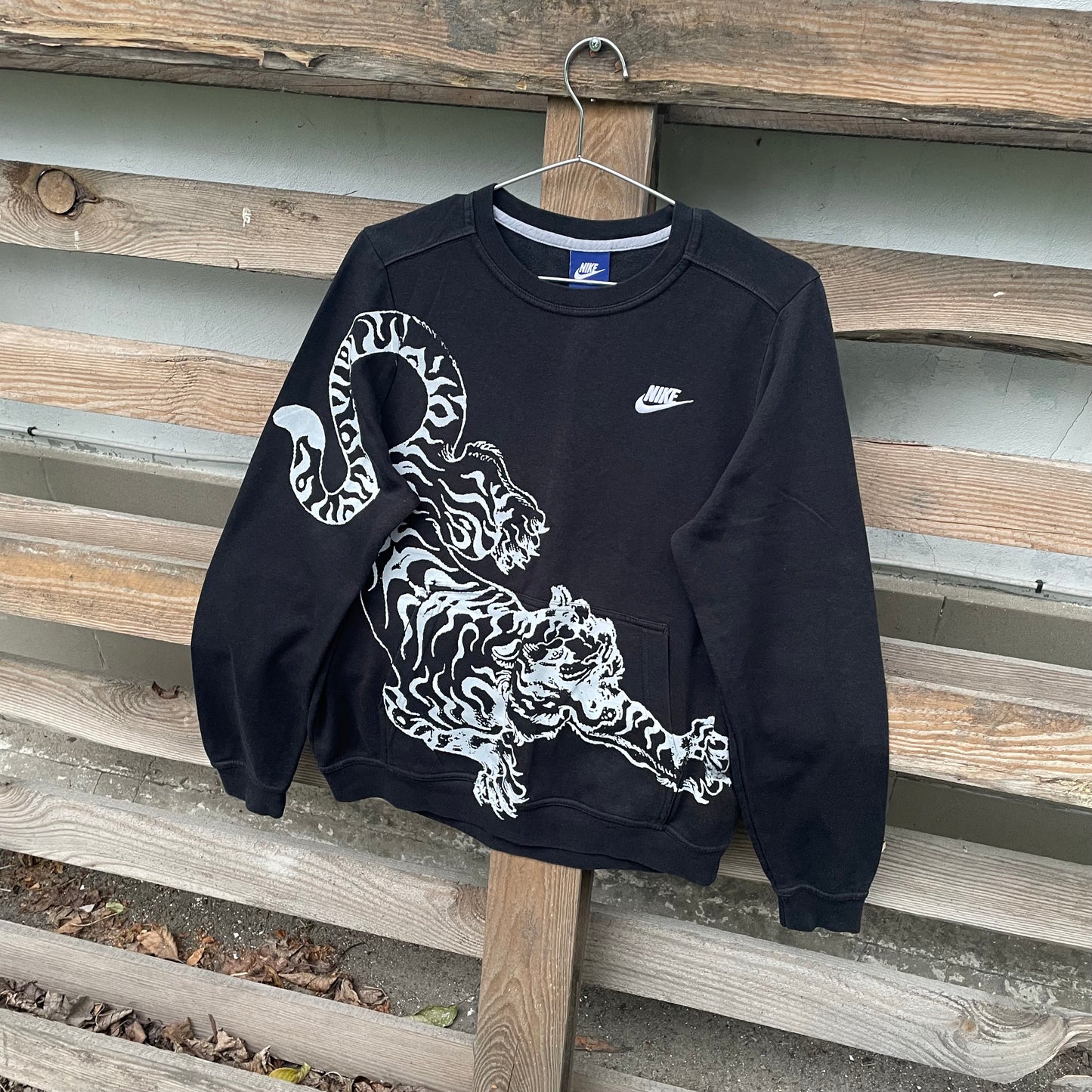 Custom Nike Tiger Print Sweatshirt – Black with White Artwork | 1 of 1 Reworked