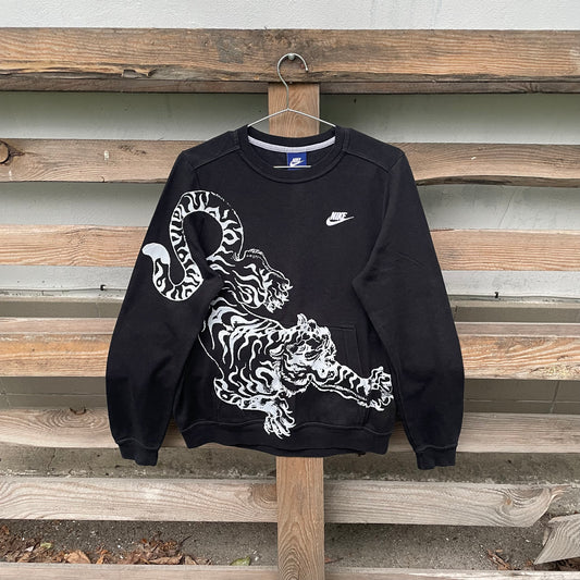 Custom Nike Tiger Print Sweatshirt – Black with White Artwork | 1 of 1 Reworked