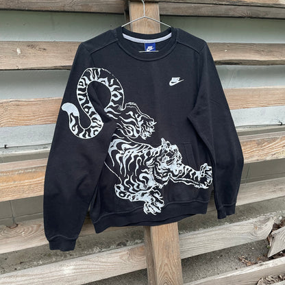 Custom Nike Tiger Print Sweatshirt – Black with White Artwork | 1 of 1 Reworked