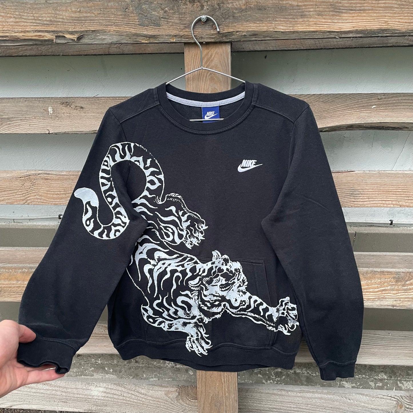 Custom Nike Tiger Print Sweatshirt – Black with White Artwork | 1 of 1 Reworked