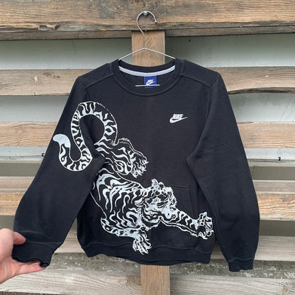 Custom Nike Tiger Print Sweatshirt – Black with White Artwork | 1 of 1 Reworked