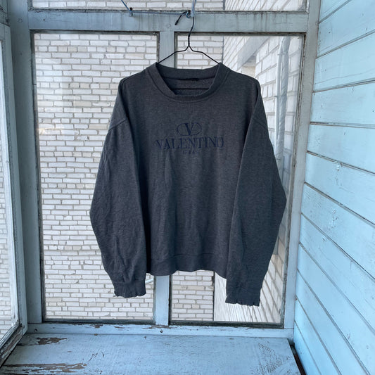 Vintage Valentino Jeans Sweater – Dark Gray Embroidered Logo | 90s Italian Designer Knitwear XL