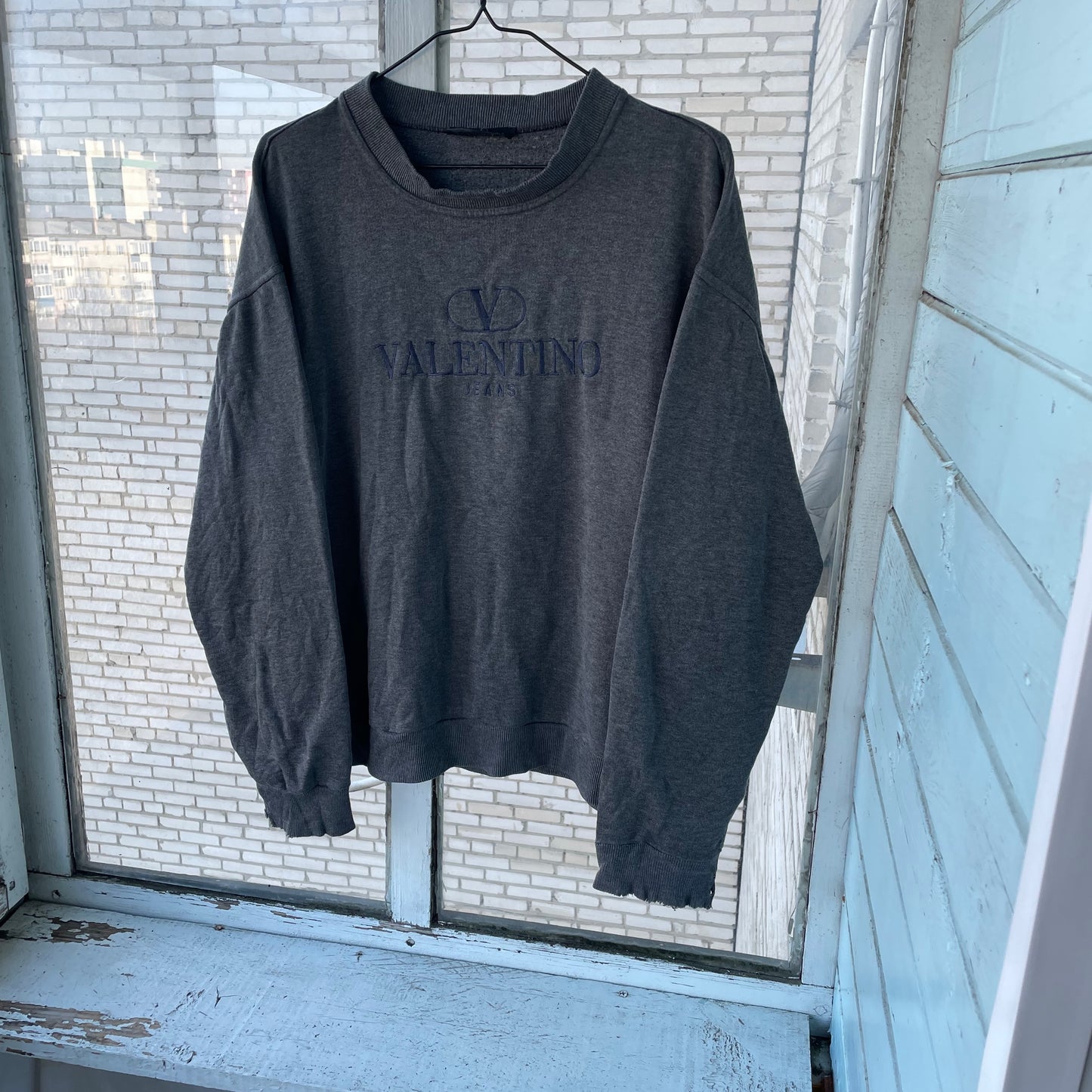 Vintage Valentino Jeans Sweater – Dark Gray Embroidered Logo | 90s Italian Designer Knitwear XL