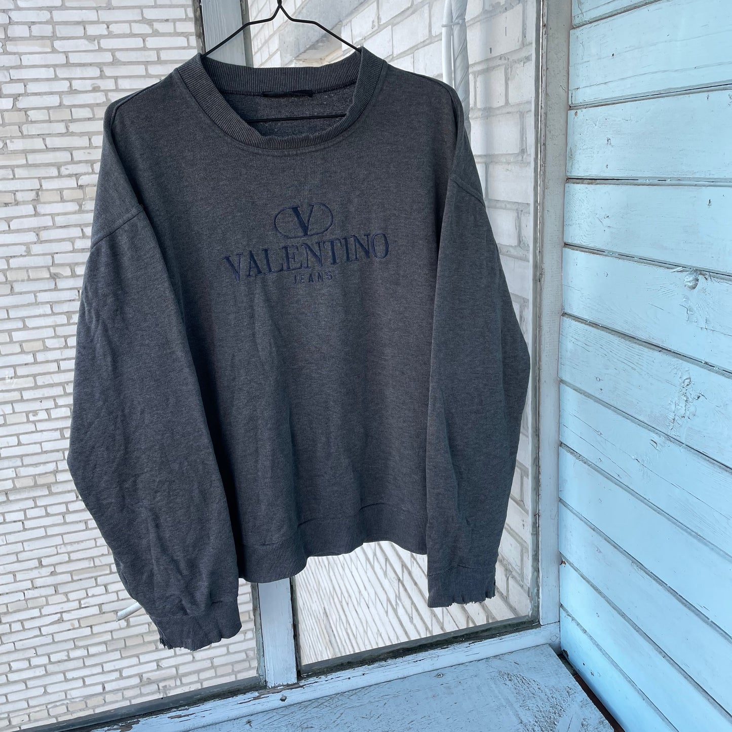 Vintage Valentino Jeans Sweater – Dark Gray Embroidered Logo | 90s Italian Designer Knitwear XL