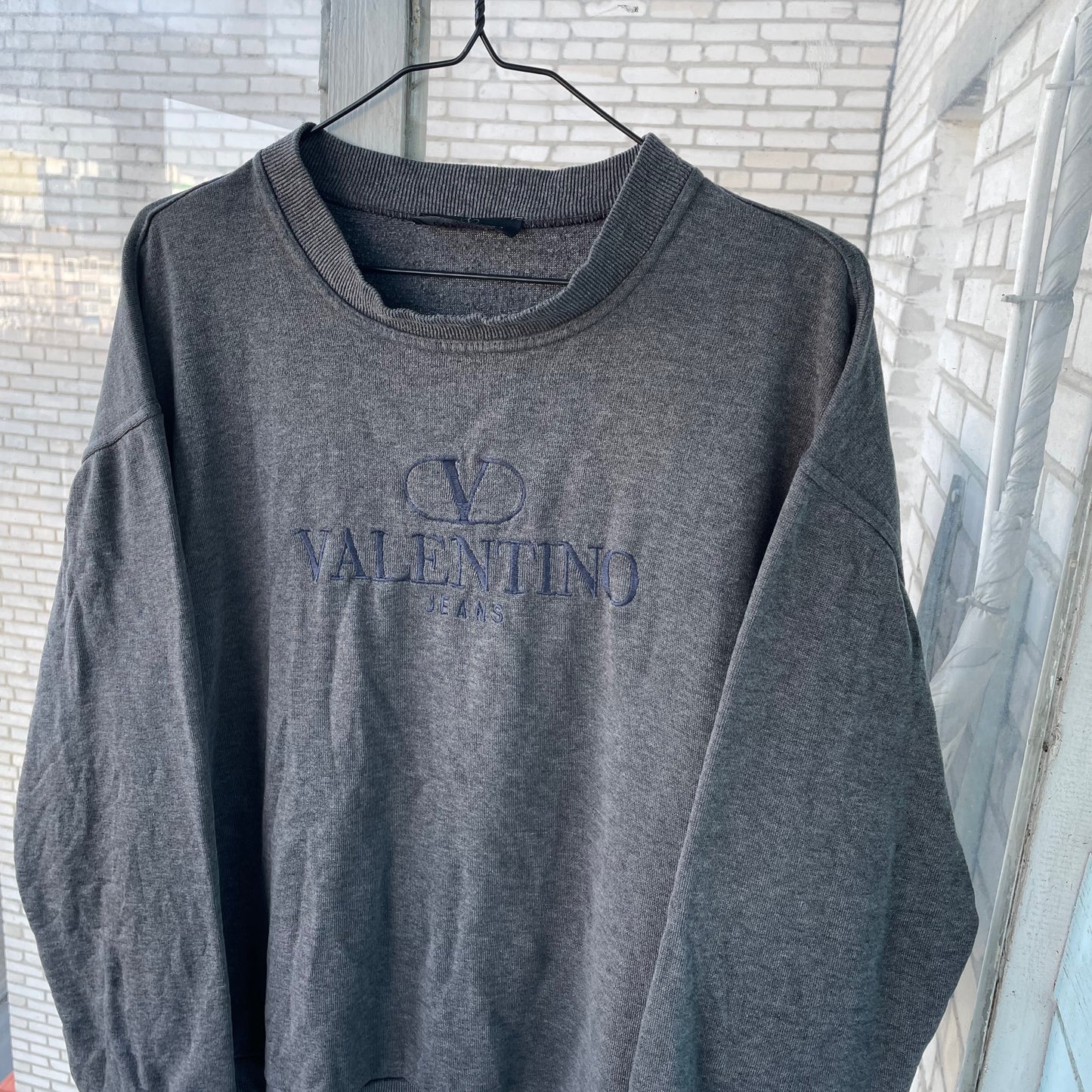 Vintage Valentino Jeans Sweater – Dark Gray Embroidered Logo | 90s Italian Designer Knitwear XL