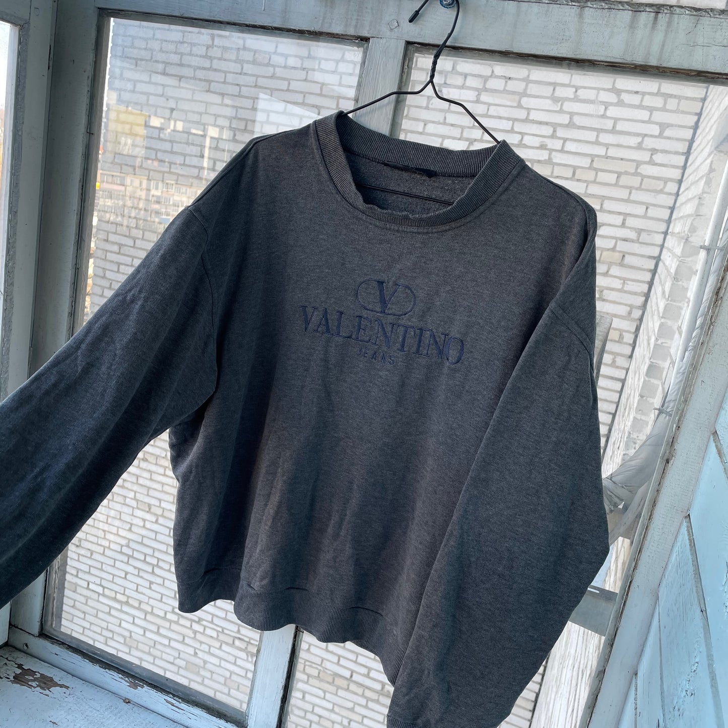 Vintage Valentino Jeans Sweater – Dark Gray Embroidered Logo | 90s Italian Designer Knitwear XL