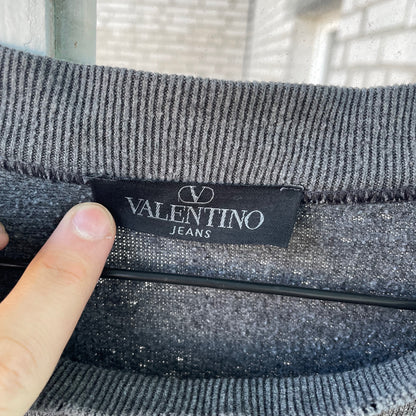 Vintage Valentino Jeans Sweater – Dark Gray Embroidered Logo | 90s Italian Designer Knitwear XL